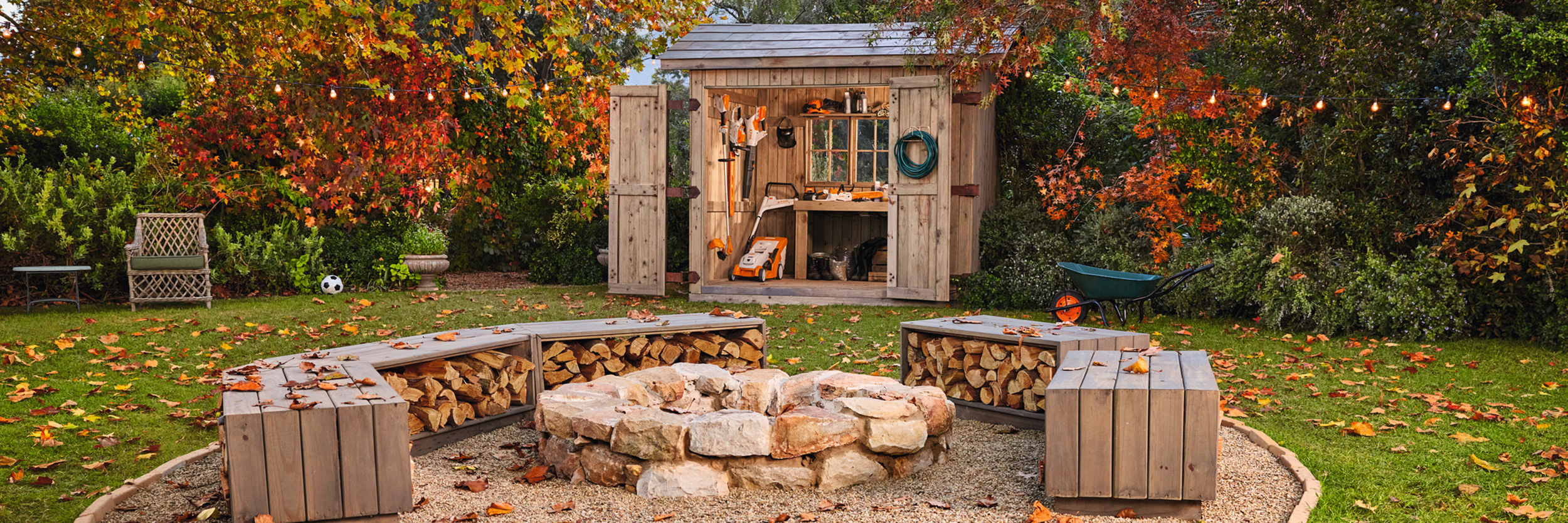 STIHL AK System tools in an autumn garden