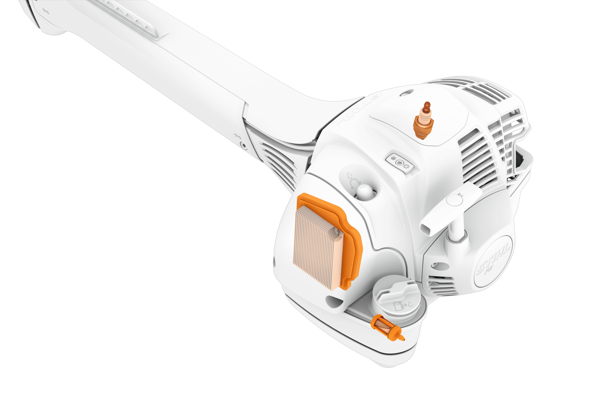 Outline of STIHL brushcutter with spark plug highlighted in orange