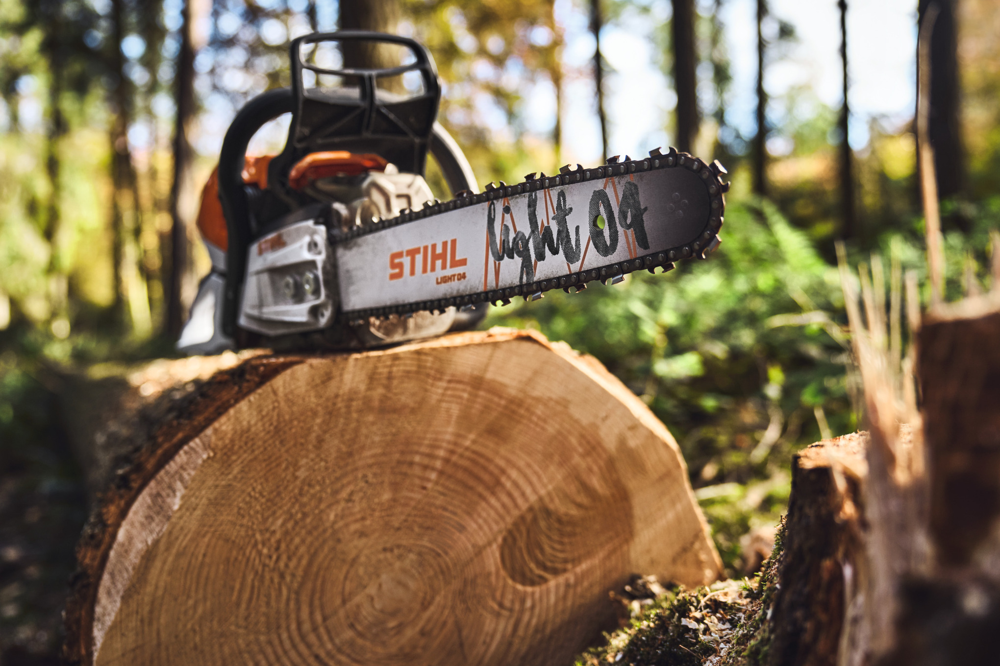 Close-up of a STIHL chainsaw with the light 04 guide bar on a tree stump in the forest