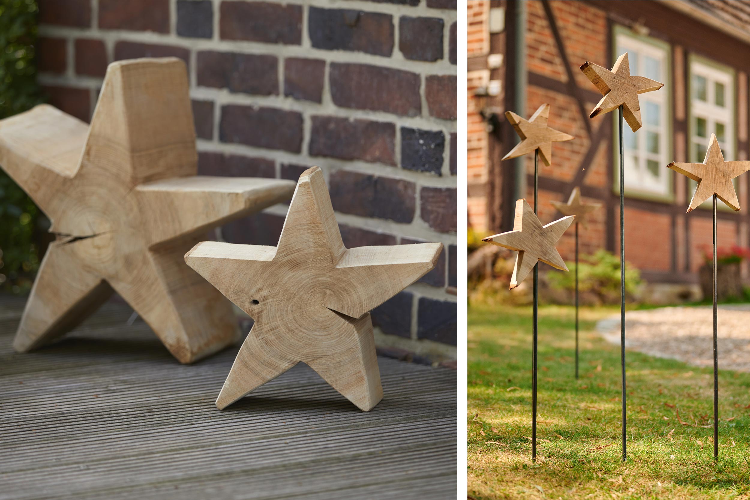 Collage: DIY wooden stars in front of a brick wall and stars on a stick in front of a house
