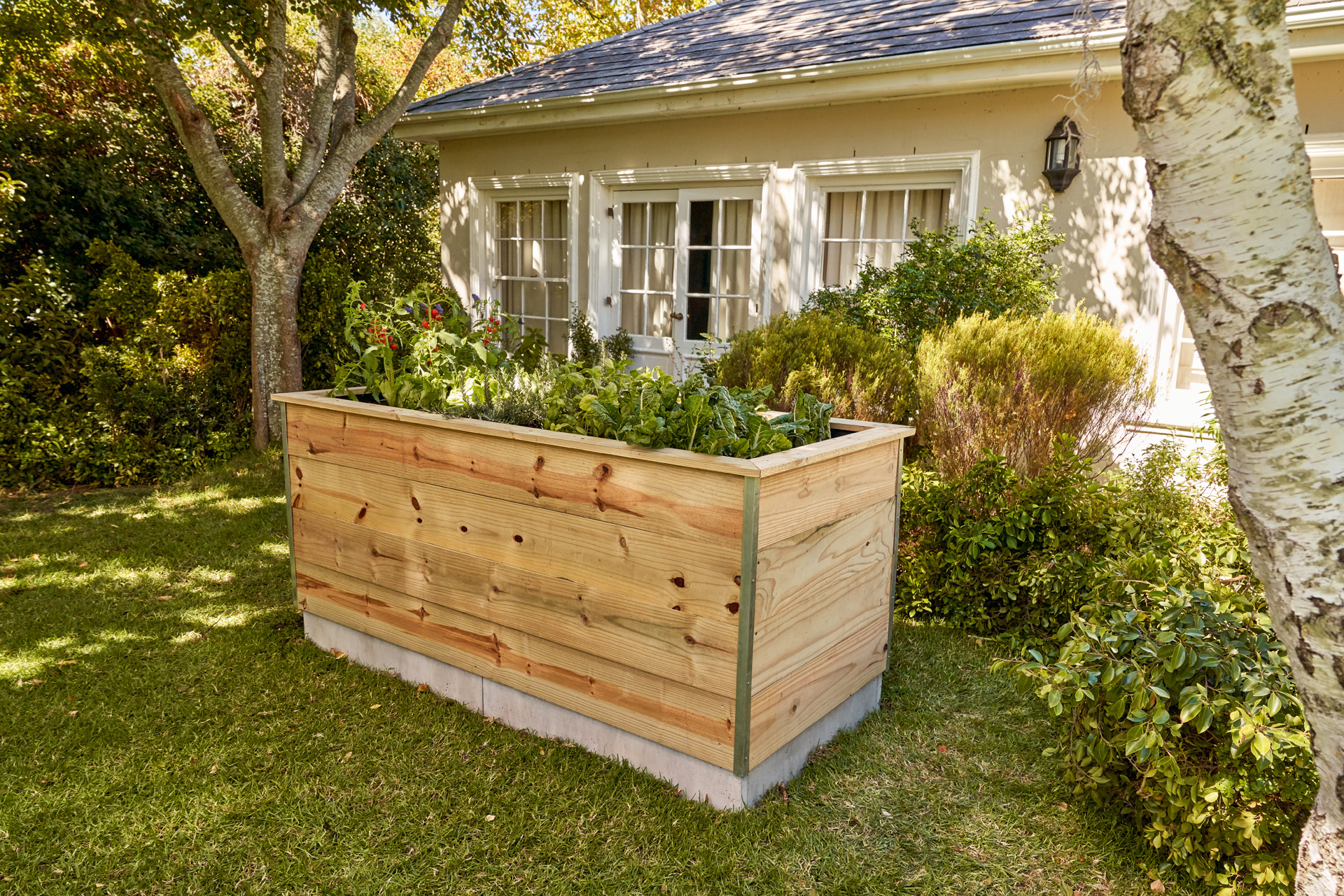 A raised planter box made from wooden planks, in a garden in front of a house