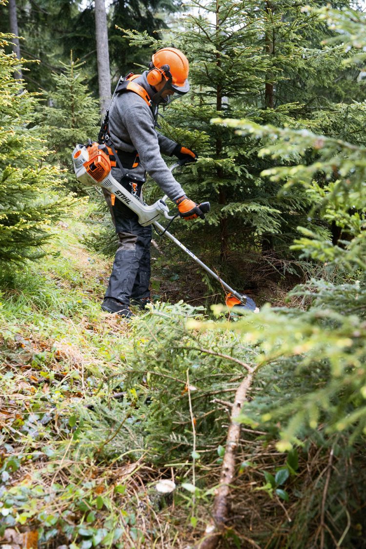 Forestry worker wearing STIHL Advance X-treem harness with grass trimmer in woodland