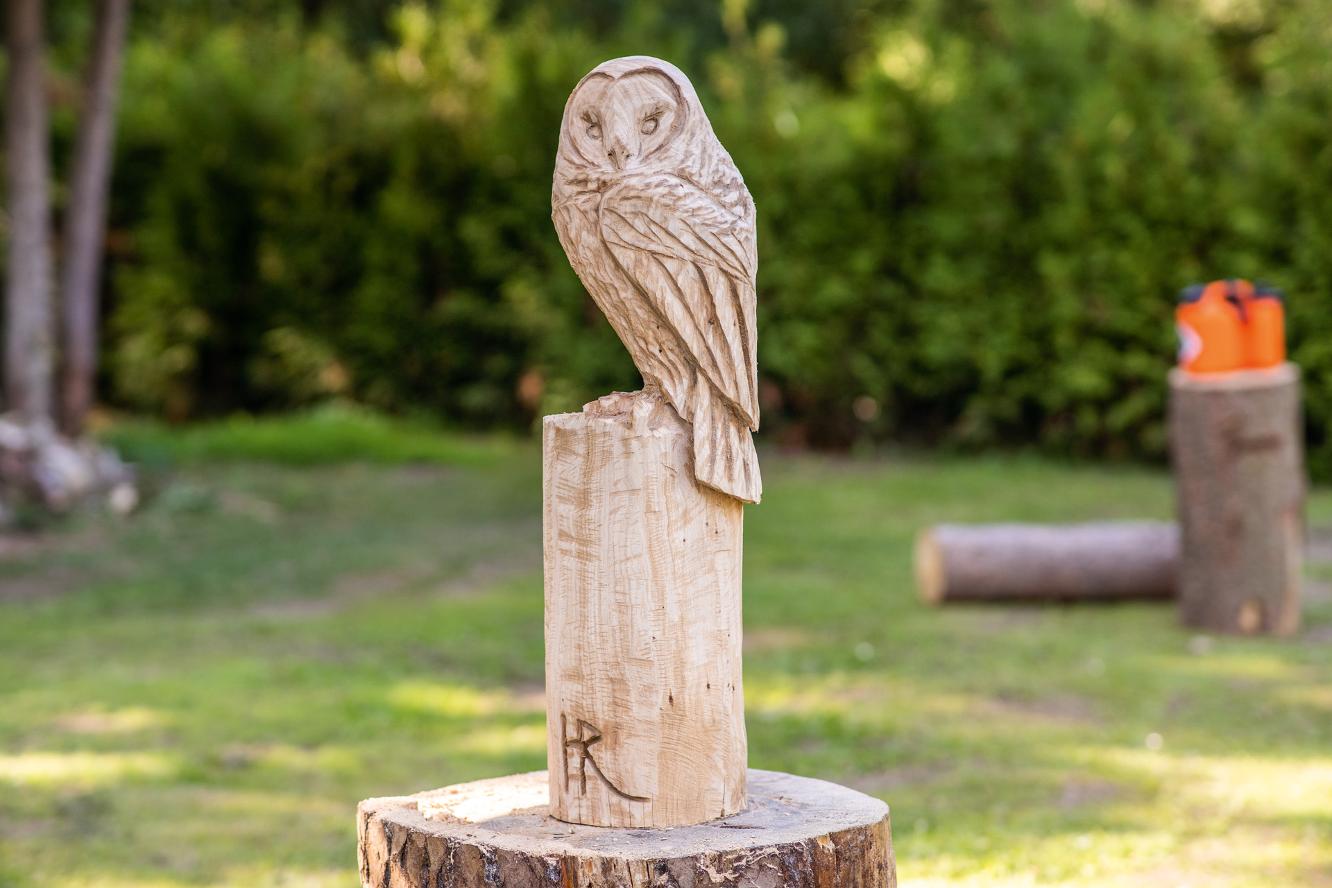 A carved wooden owl standing on a post.