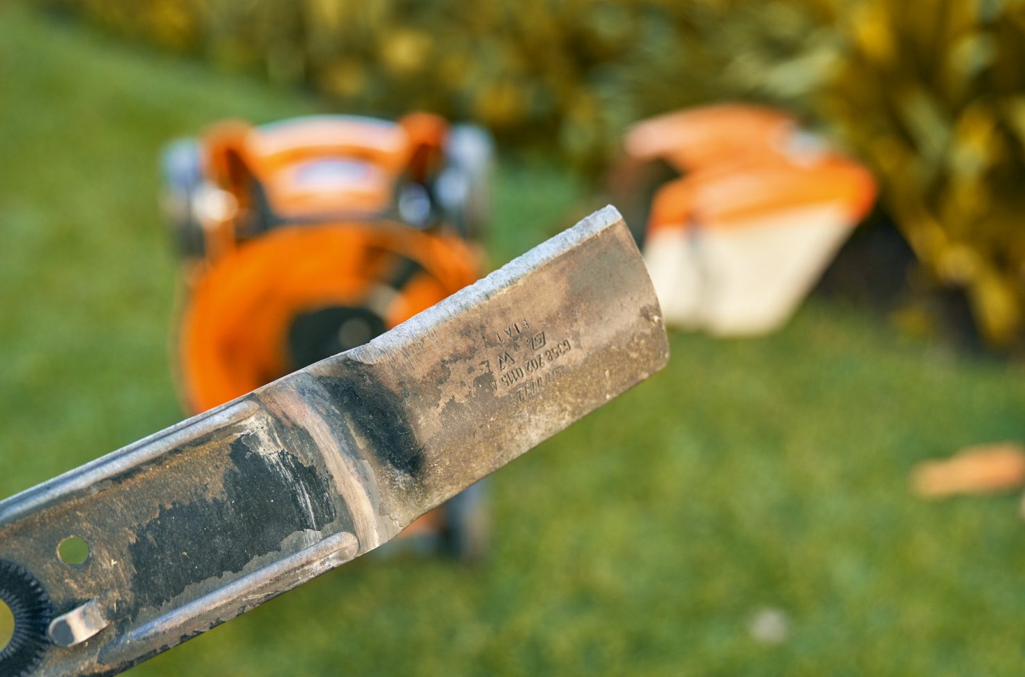 Close-up of a STIHL RMA 339 C cordless lawn mower blade