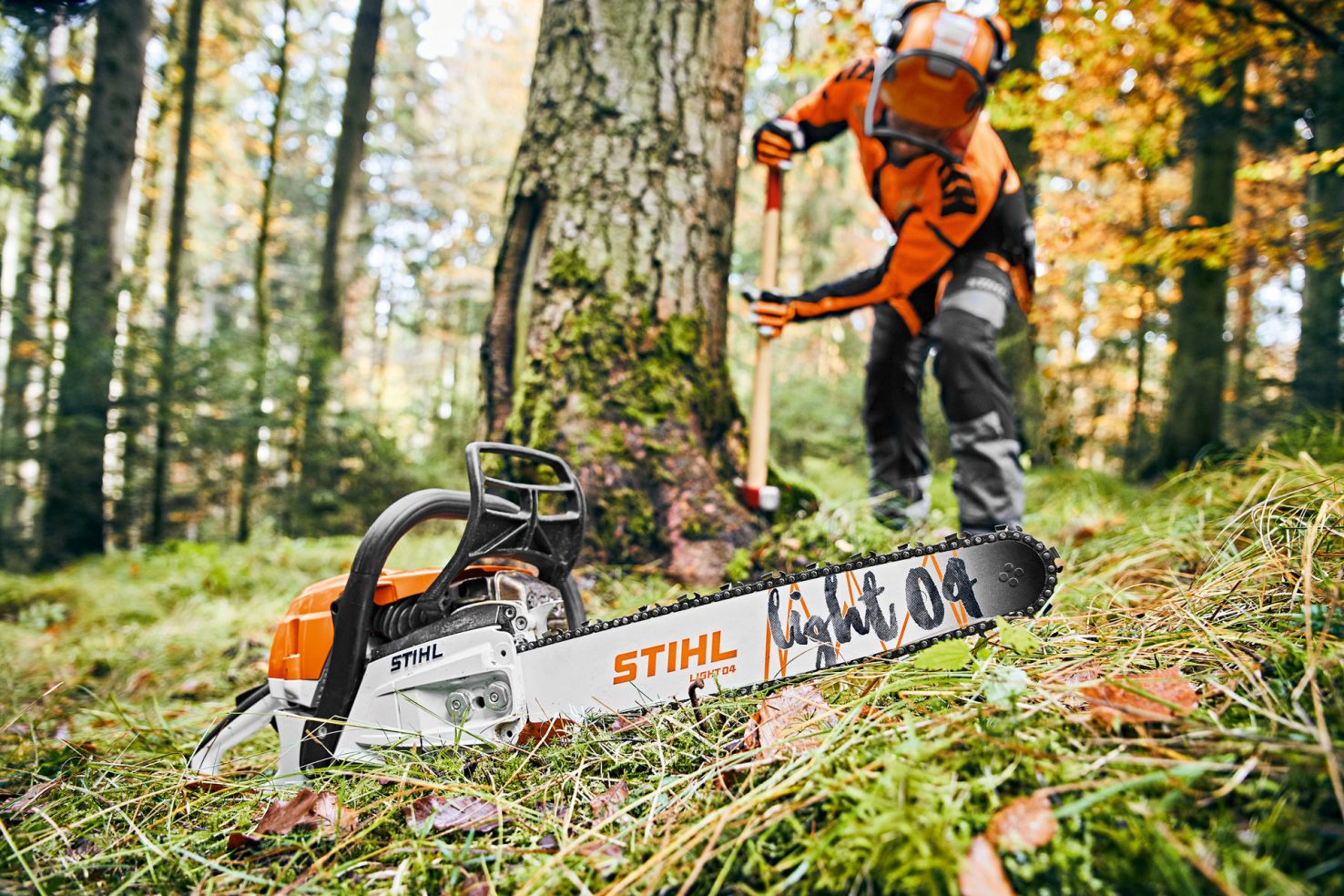 STIHL chainsaw with guide bar and chain combination in forest