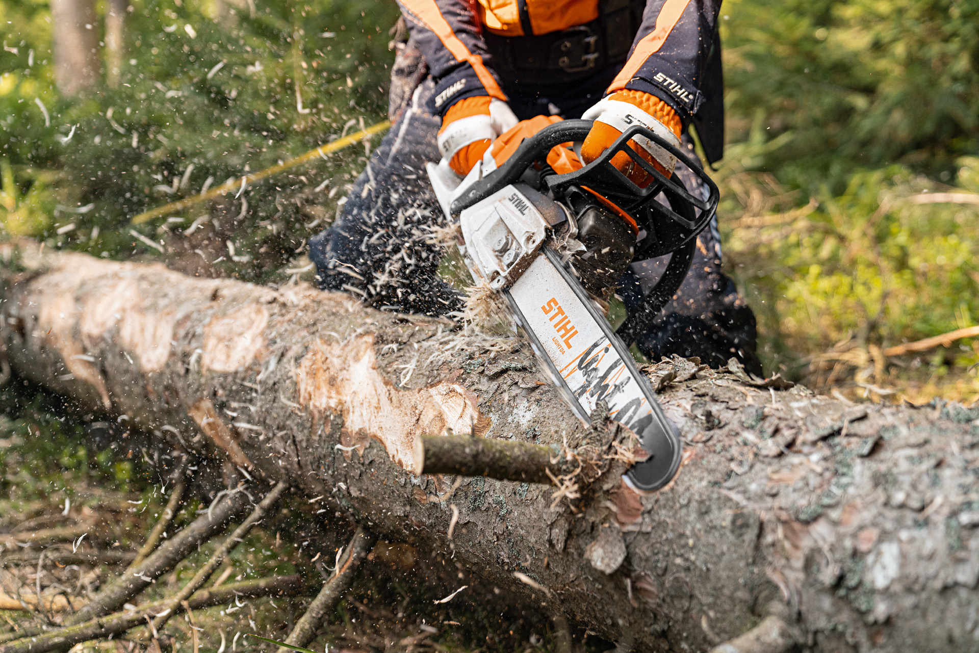 A tree on the ground being debarked with a STIHL MS 261 C-M petrol chainsaw with 2-MIX engine and Light 04 guide bar