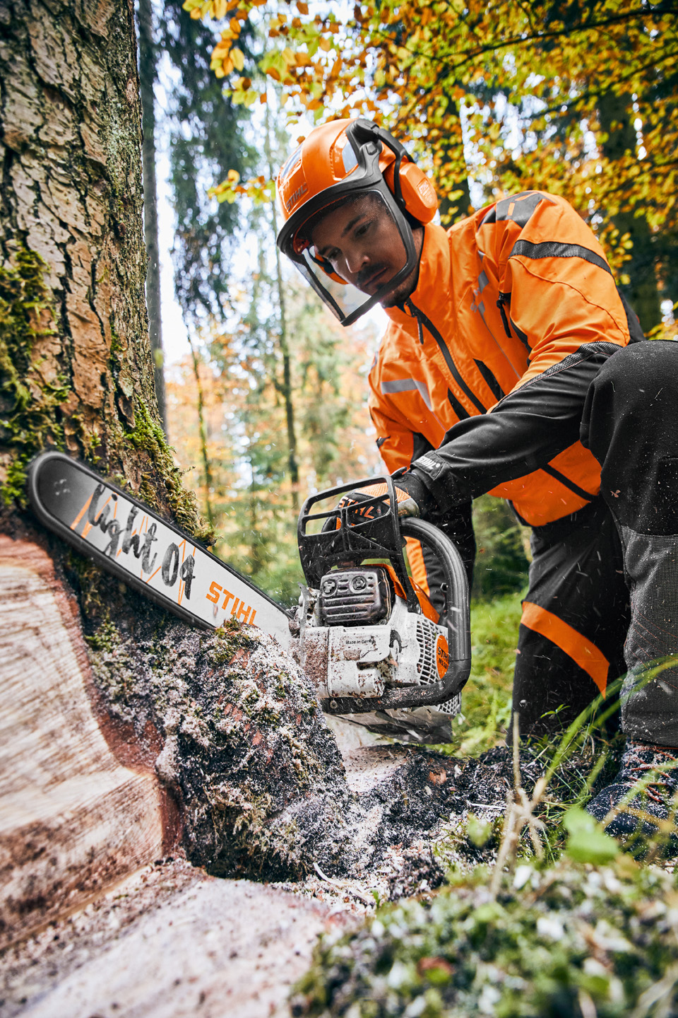 A man sawing a tree using a STIHL MS 261 C-M petrol chainsaw with a Light 04  guide bar