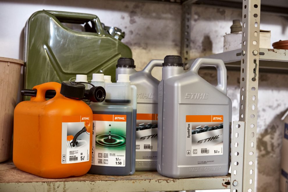 Collection of STIHL combination canisters and HP Super 2-stroke oil