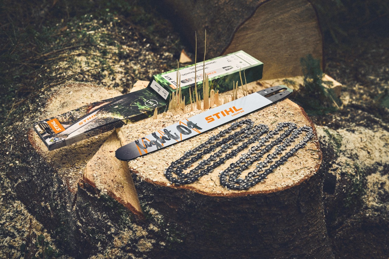 Two Rollomatic guide bars and saw chains on a tree stump in the forest