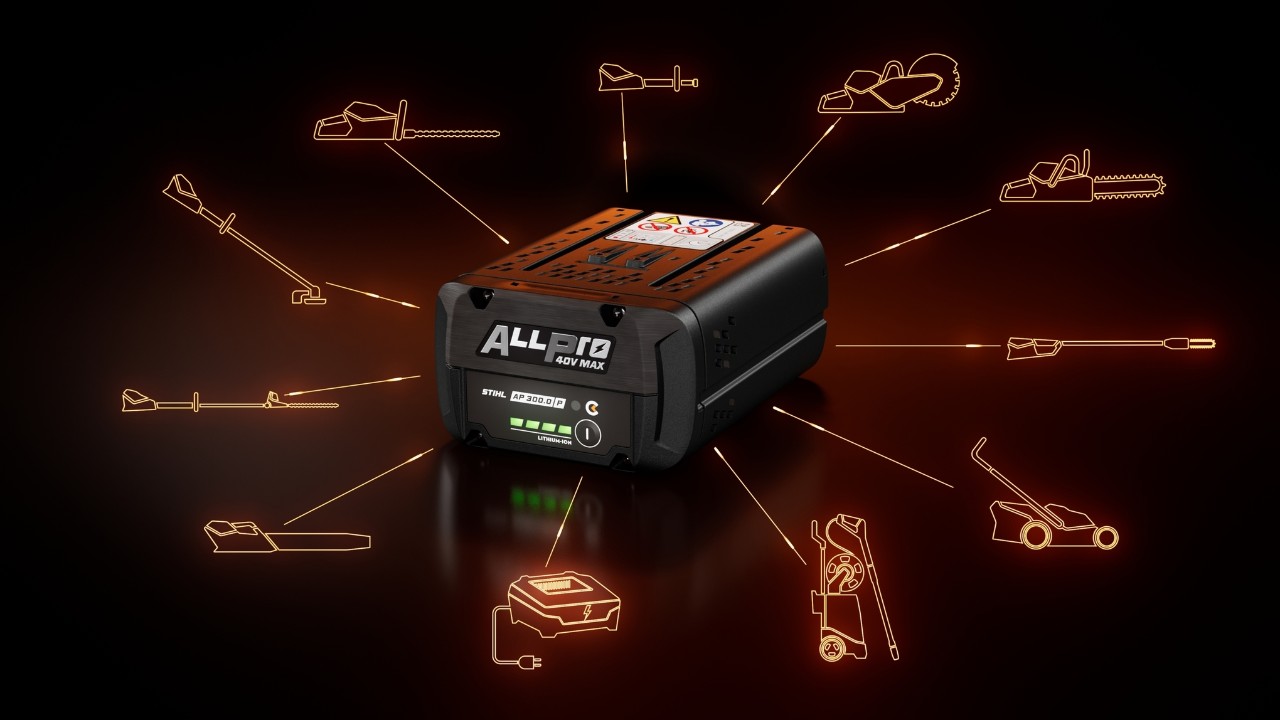 STIHL ALLPRO AP 300 P C battery surrounded by several icons representing compatible product categories