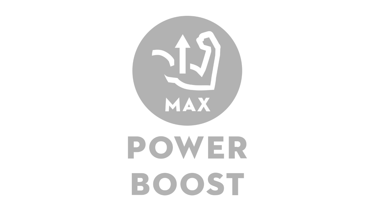 Icon with an upper arm at an angle and an arrow pointing upwards, captioned “Max” and “Power Boost” 