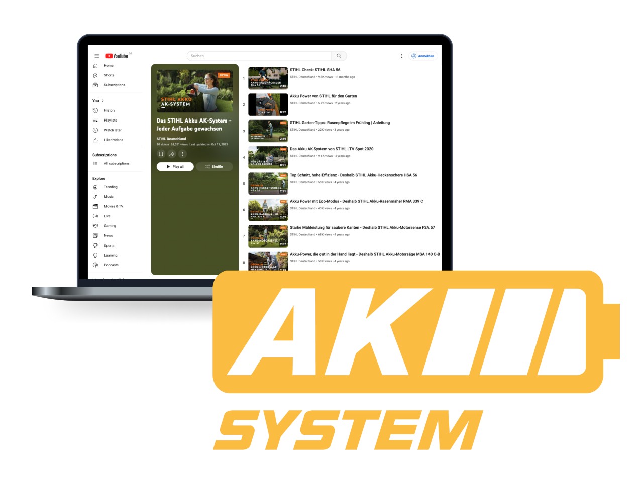 STIHL AK system logo in the shape of a yellow battery icon, with a laptop in the background